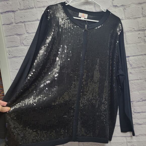 NWT Quacker Factory Sequin Full Zip Jacket Size 2X Black Cotton Blend Stretchy - Picture 4 of 9